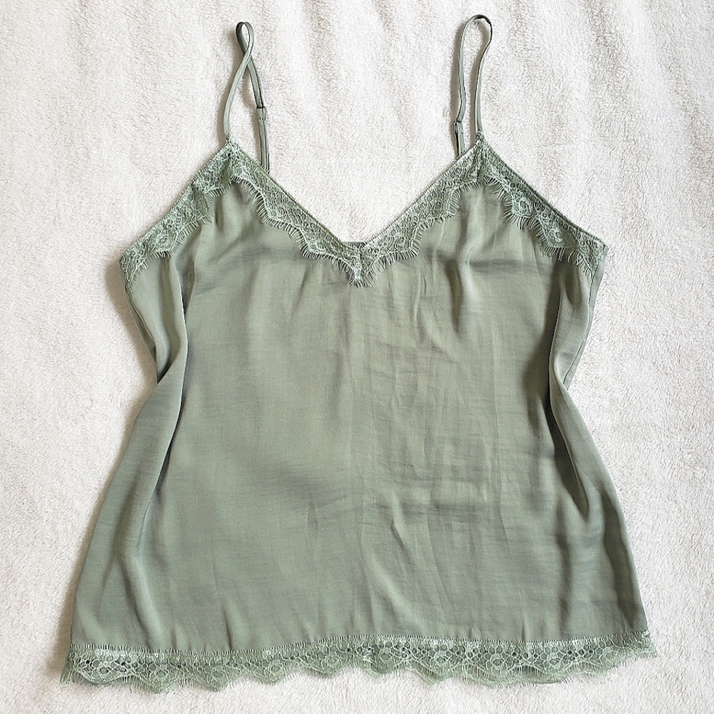 Paper Label Retrograde Vivian Satin Lace Cami Tank Top, Medium, Sage Green